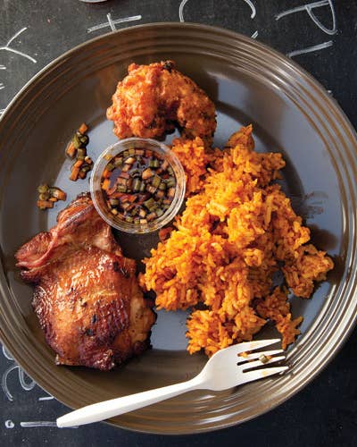 Guam-Style Chicken with Red Rice (Tininon Mannok yan Hineska' Agaga)