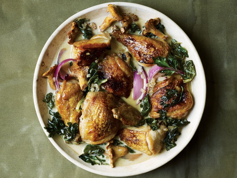 Pan-Seared Chicken with Riesling Cream Sauce, Chanterelles, and Chard