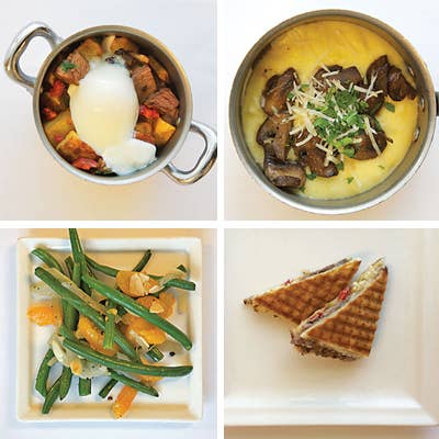 Prime rib hash with sous-vide eggs; polenta with cremini mushrooms and Parmesan; prime rib panini; sauteed green beans with orange supremes