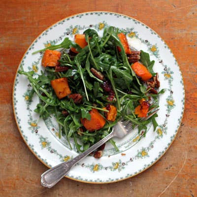 Arugula Salad with Roasted Butternut Squash, Cranberries, and Candied Pecans