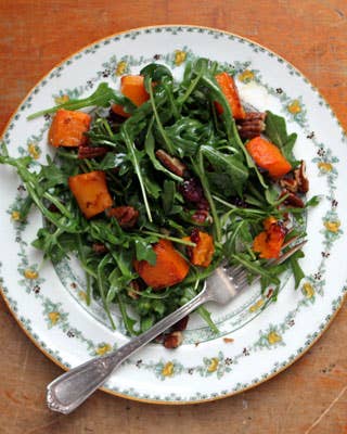 Arugula Salad with Roasted Butternut Squash, Cranberries, and Candied Pecans