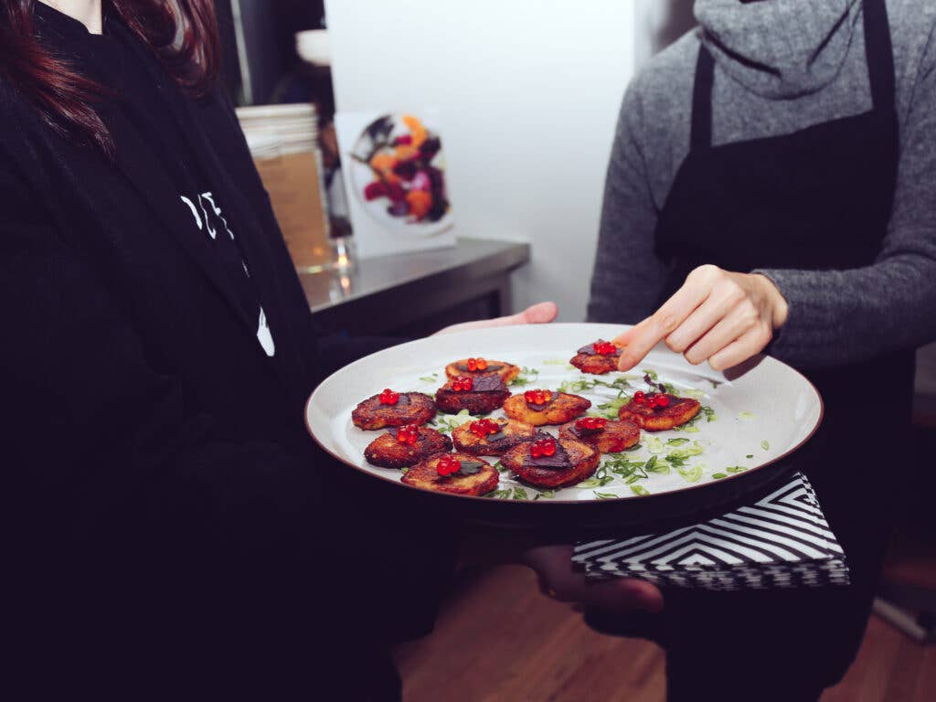 Cocktail hour included these fermented mung bean pancakes topped with roe