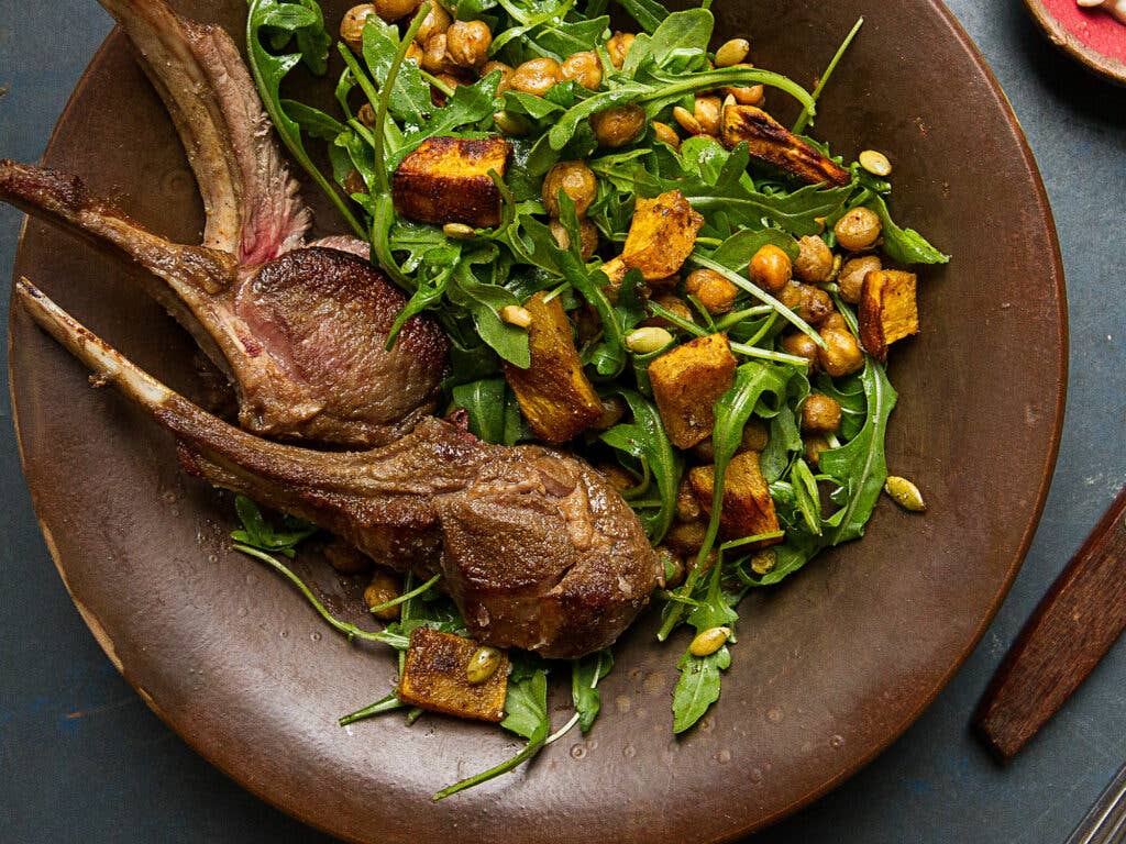 Roasted Rack Of Lamb with Roasted Pumpkin and Chickpea Salad