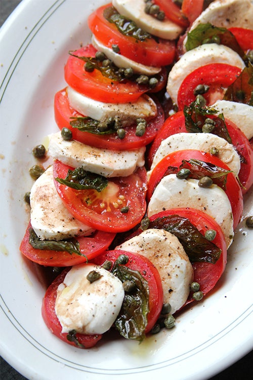 Caprese Salad with Fried Capers and Basil