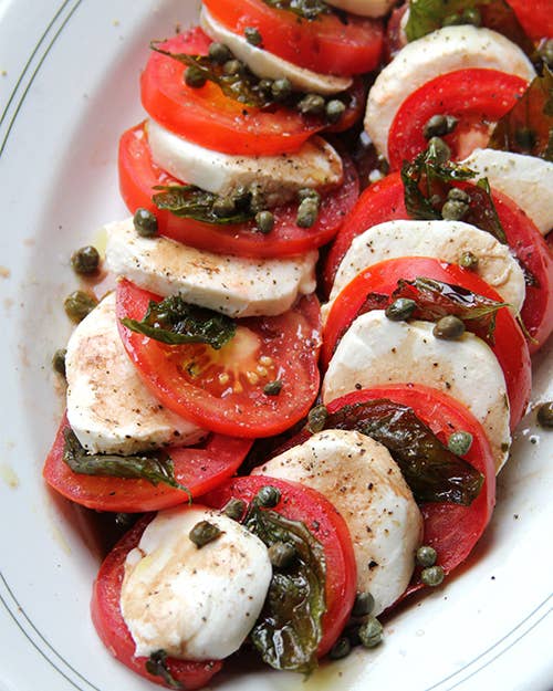 Caprese Salad with Fried Capers and Basil