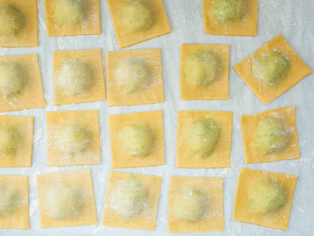 Spring Pea Ravioli with Prosciutto & Pea Shoots