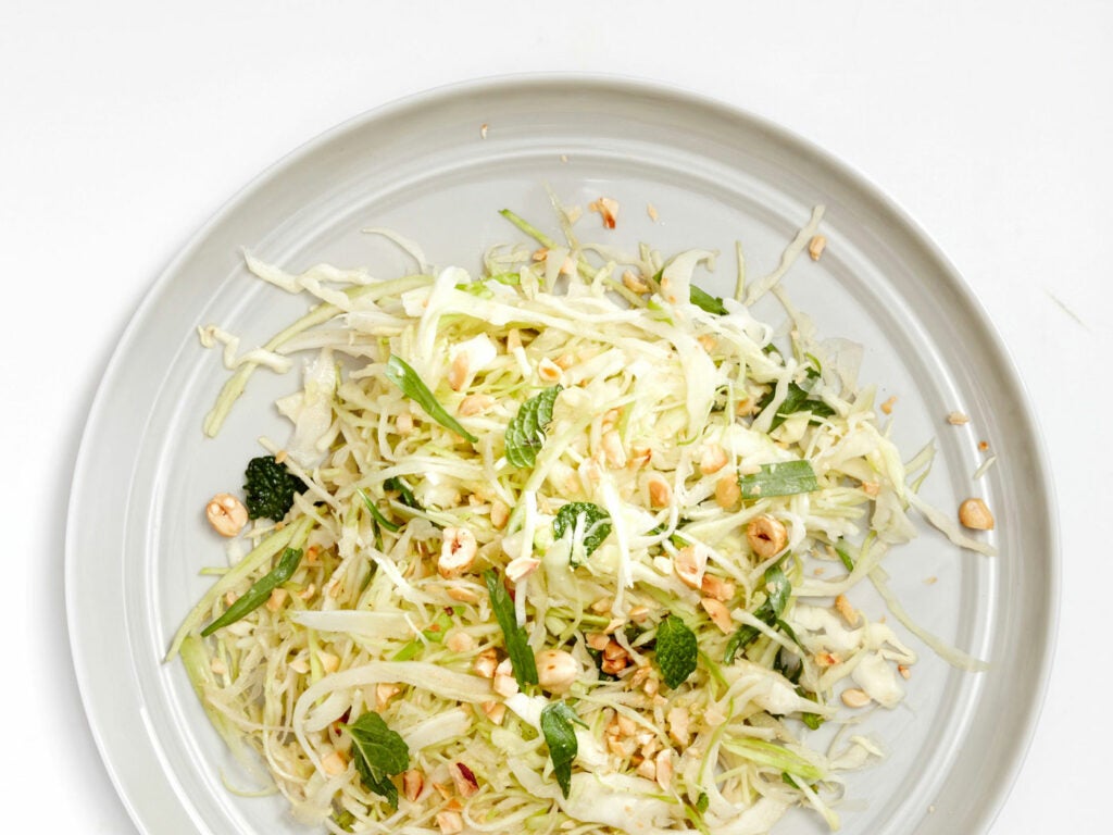 Green Cabbage Salad with Charred Cabbage Vinaigrette and Hazelnuts