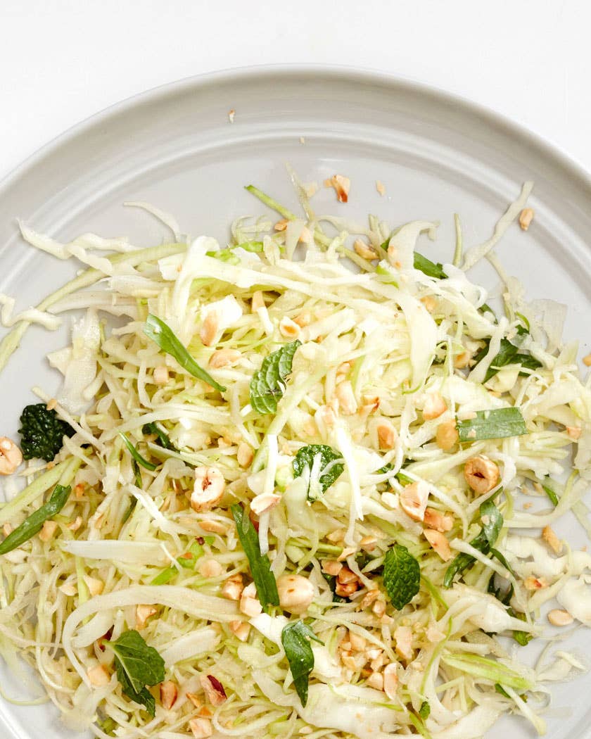 Green Cabbage Salad with Charred Cabbage Vinaigrette and Hazelnuts
