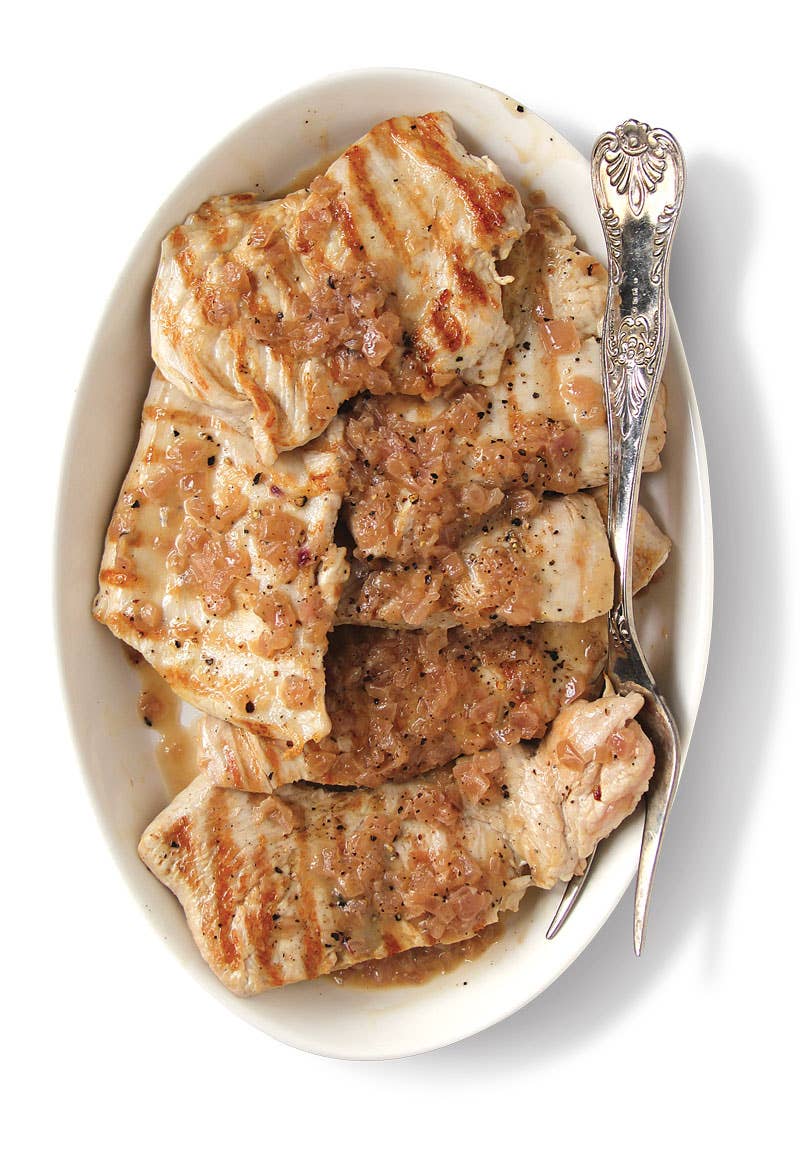 Grilled Turkey Breast with Caramelized Onion, Cracked Black Pepper, and Vinegar