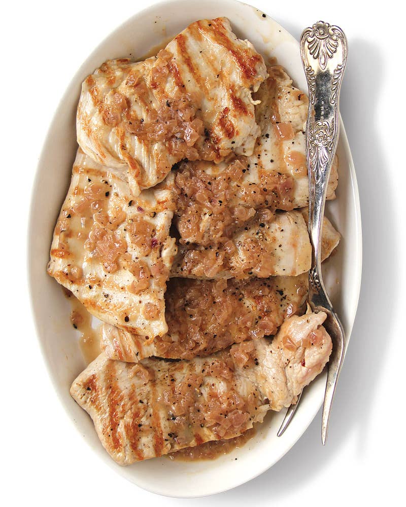 Grilled Turkey Breast with Caramelized Onion, Cracked Black Pepper, and Vinegar