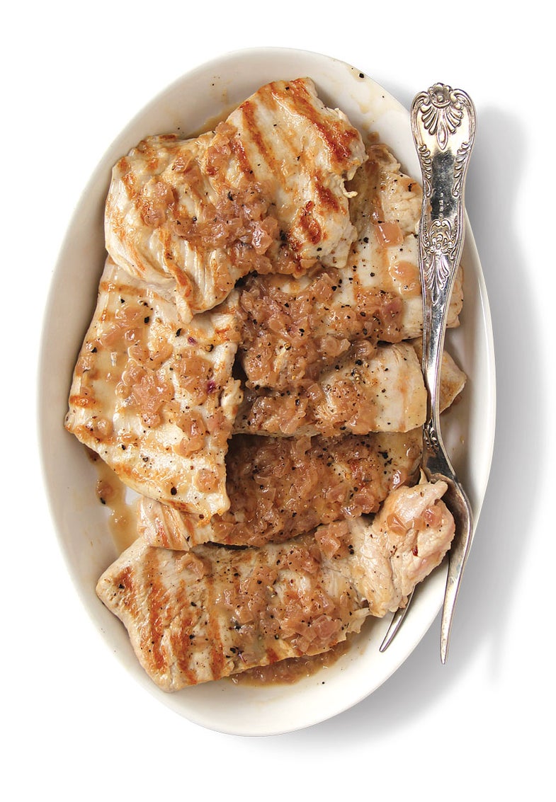 Grilled Turkey Breast with Caramelized Onion, Cracked Black Pepper, and