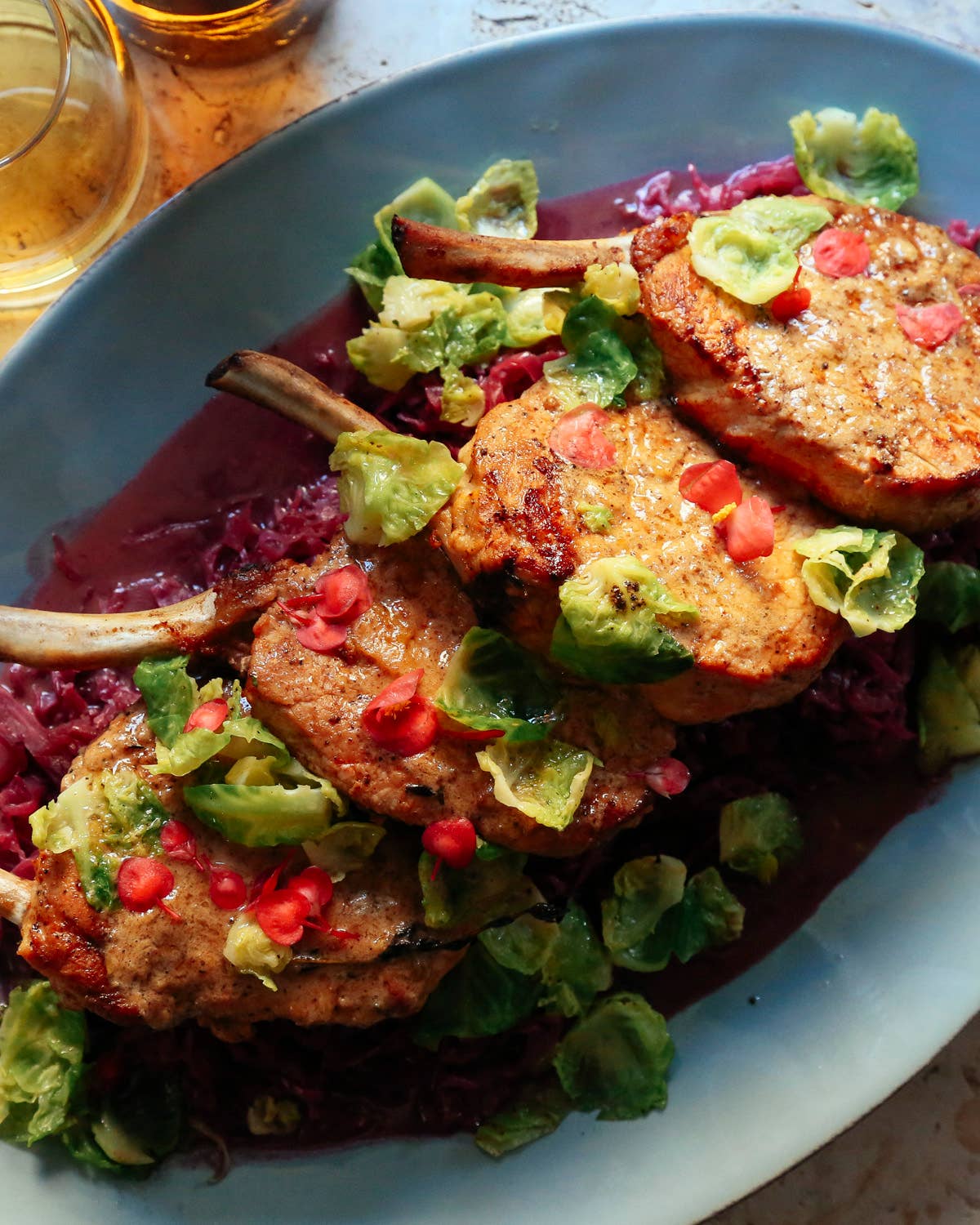 Smoked Pork Chops with Braised Cabbage & Fruit Butter