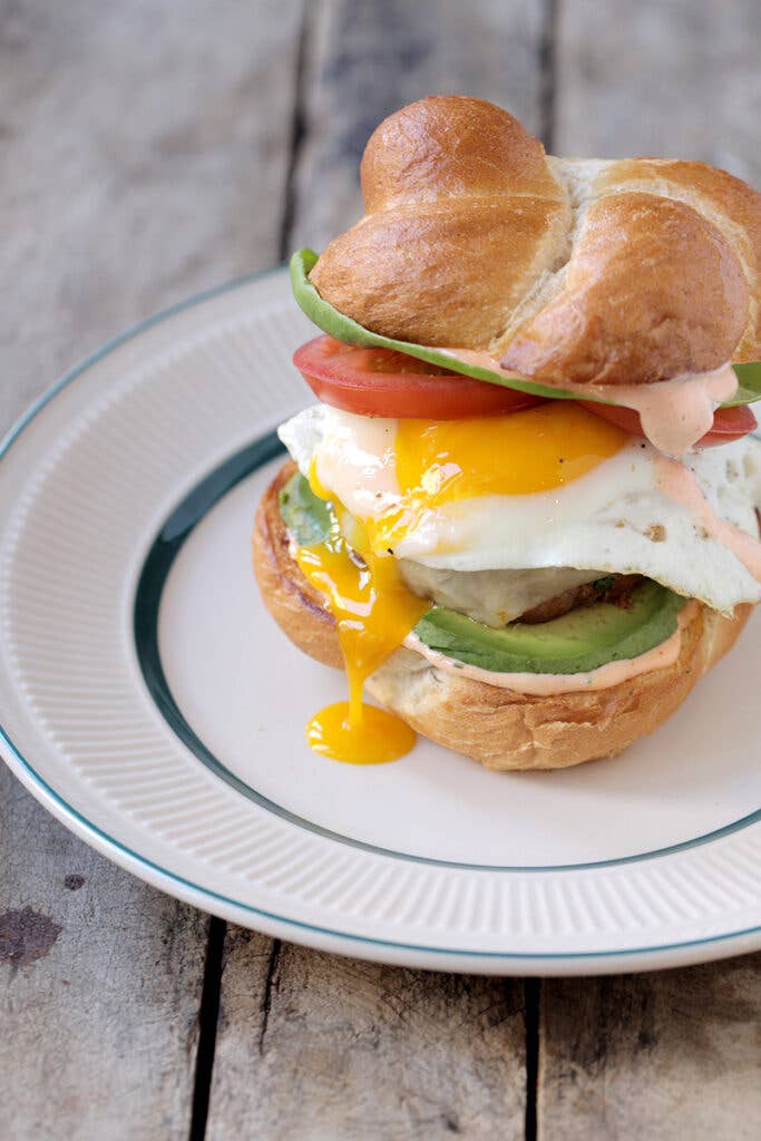 Pan-Fried Chorizo Burgers with Avocado, Fried Eggs and Spicy Mayo