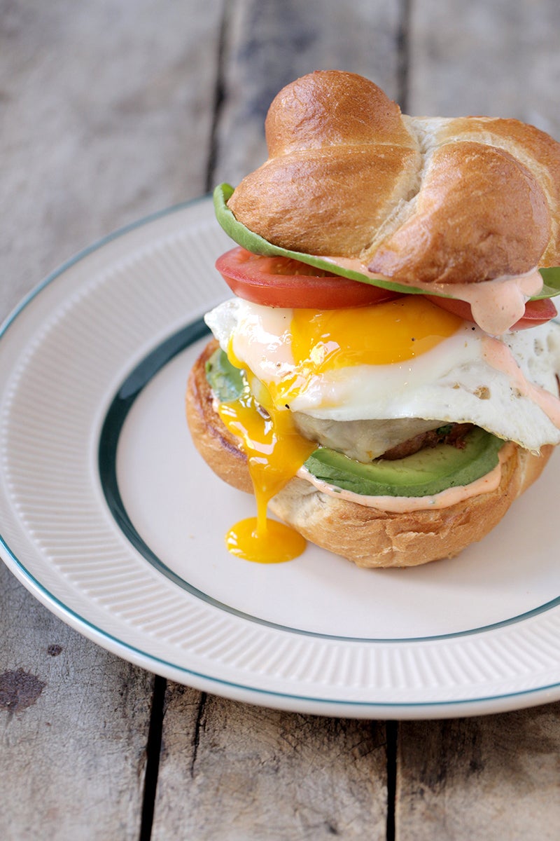 Pan-Fried Chorizo Burgers with Avocado, Fried Eggs and Spicy Mayo