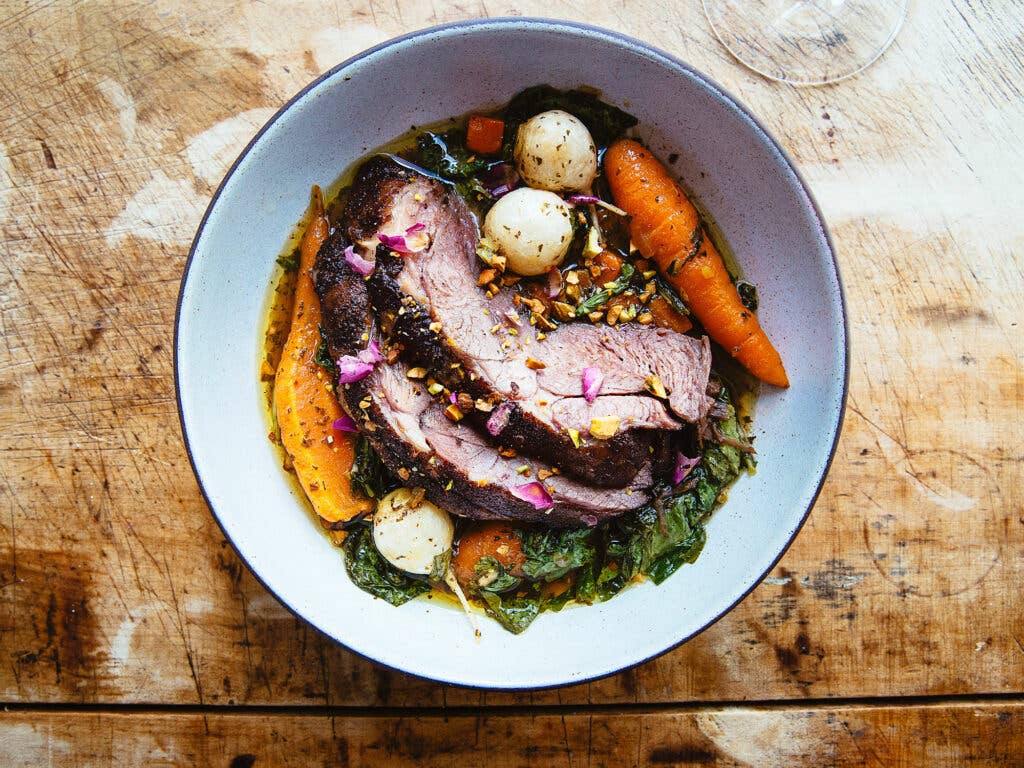 Braised Lamb Shoulder with Rose, Turnips, and Pistachios