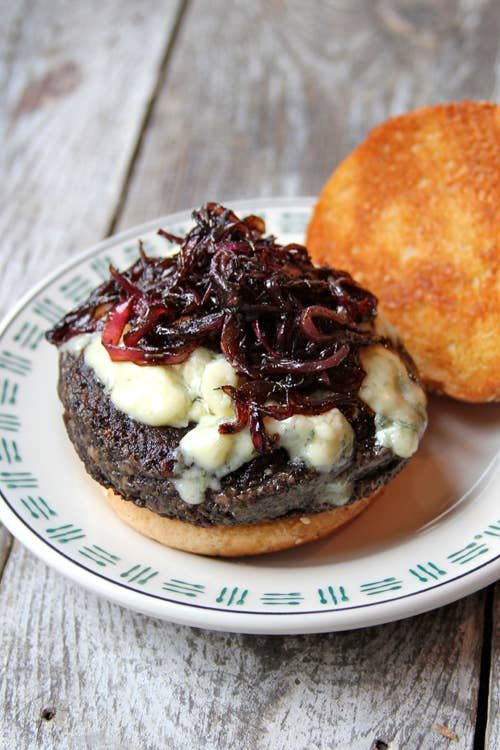 Portobello Burgers with Blue Cheese and Sautéed Red Onions