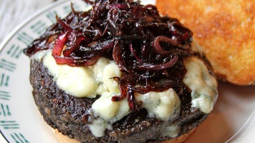 Portobello Burgers with Blue Cheese and Sautéed Red Onions