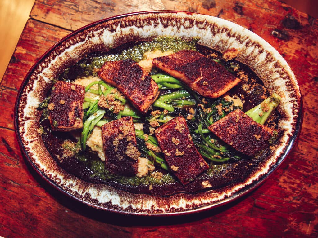 Saveur Supper Sumac-cured Sunburst trout with tatsoi