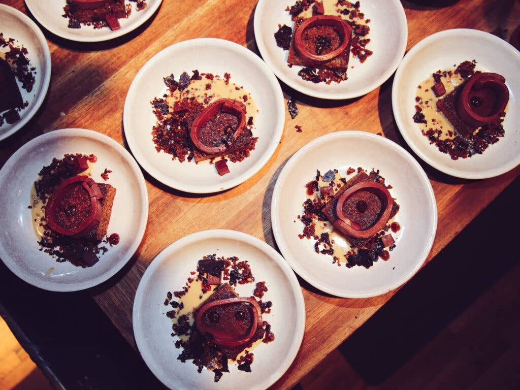 Rye pound cake, topped with malt ice cream, chocolate ganache, and smoked butter toffee