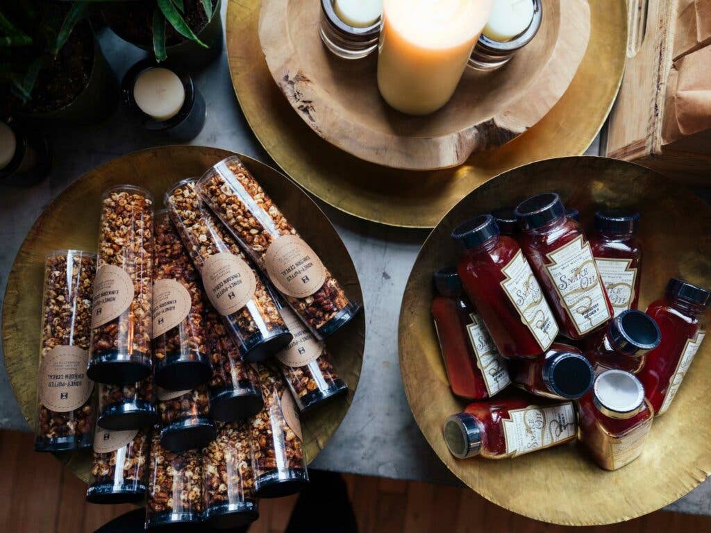 Honey puffed einkorn cereal and Woodberry Kitchen's famous Snake Oil hot sauce