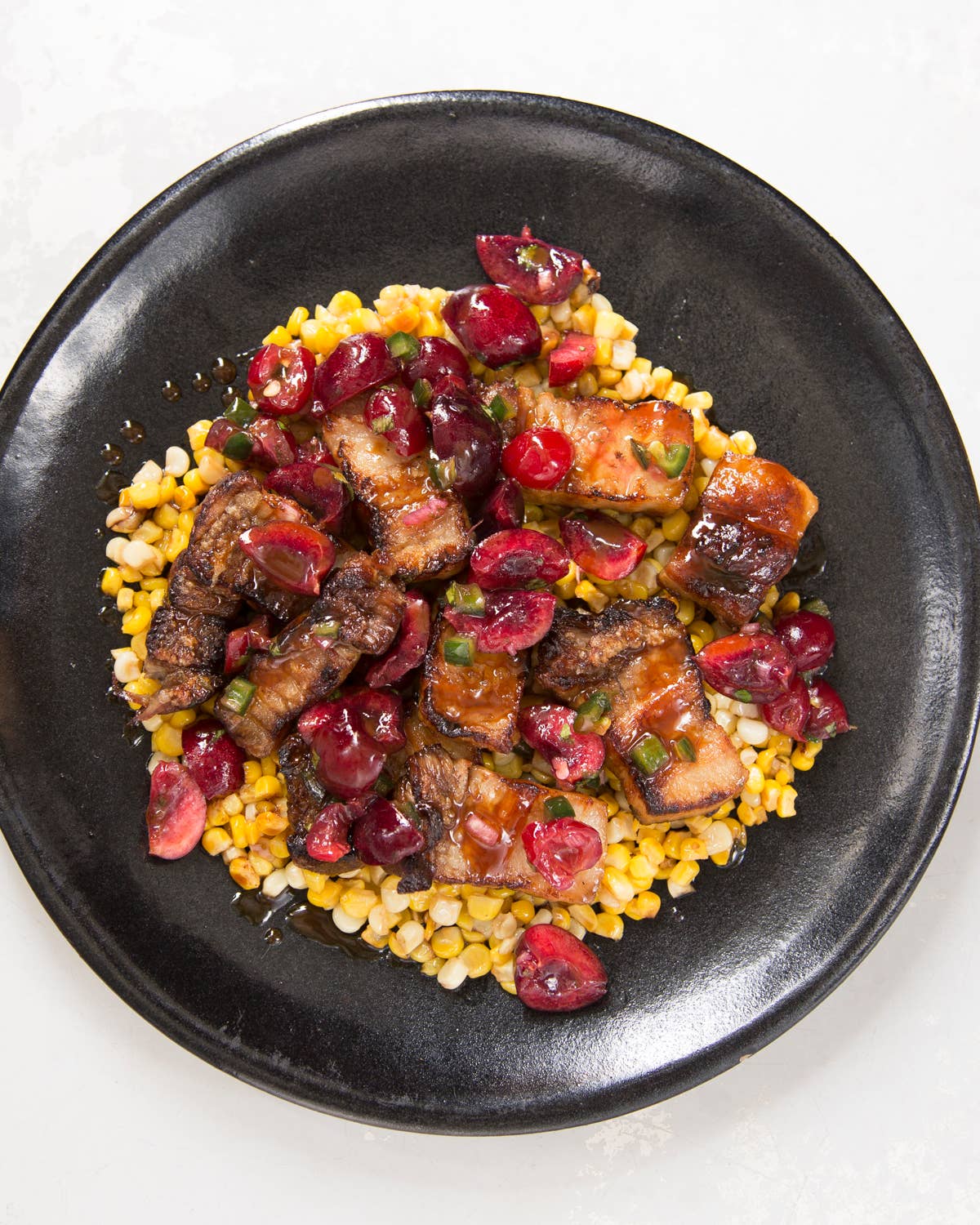 Grilled Pork Belly with Butter Corn and Sour-Sweet Cherry-Jalapeño Relish