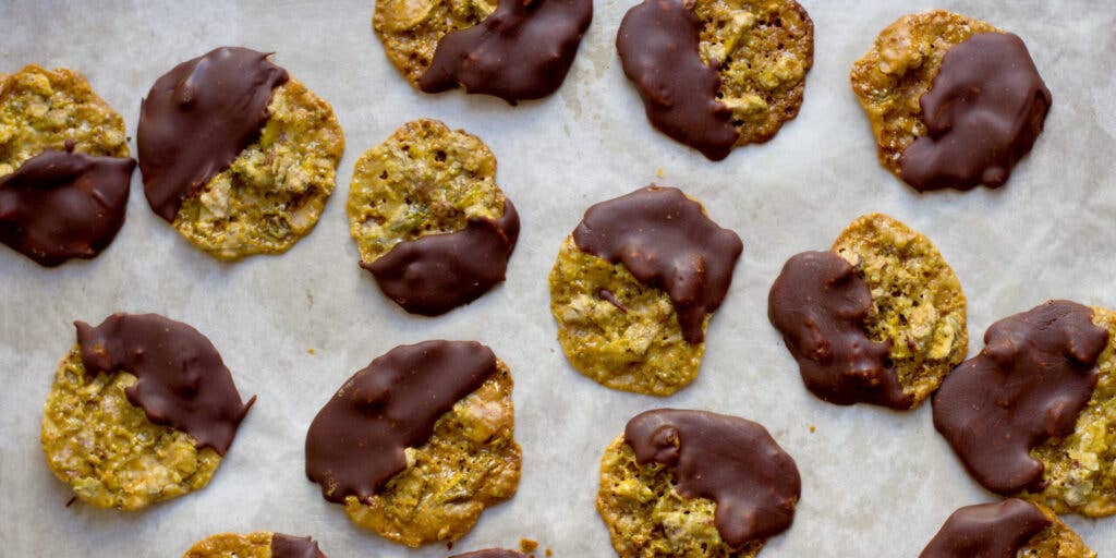 Chocolate-Dipped Pistachio Florentines