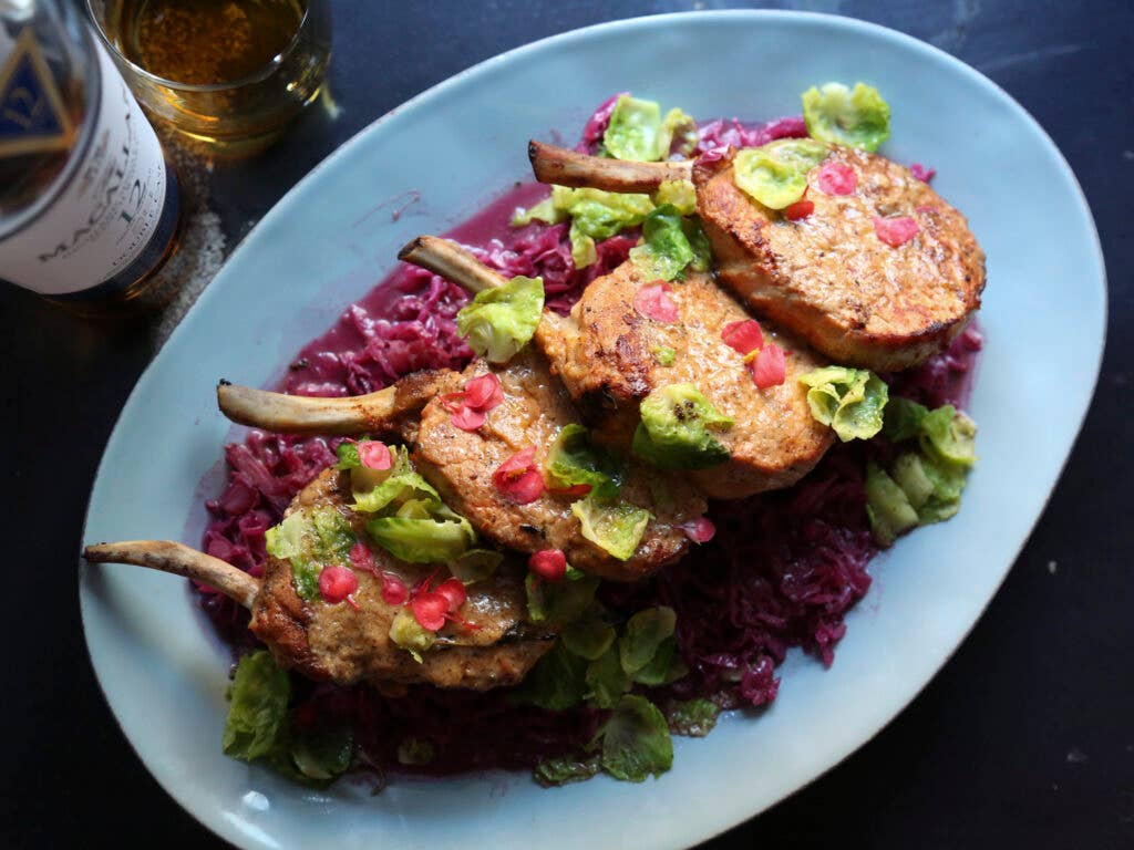 Pork Chops with Braised Cabbage & Fruit Butter