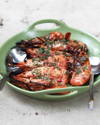Grilled Spot Prawns with Finger Lime and Basil