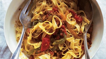 Veal Pasta Sauce with Red, Green, and Yellow Peppers