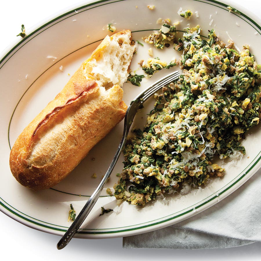 egg, garlic, spinach, and ground beef
