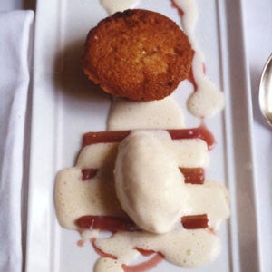 PORT-POACHED RHUBARB WITH VANILLA ICE CREAM AND RHUBARB FINANCIERS