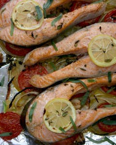 Broiled Salmon Steaks with Tomatoes, Onions, and Tarragon