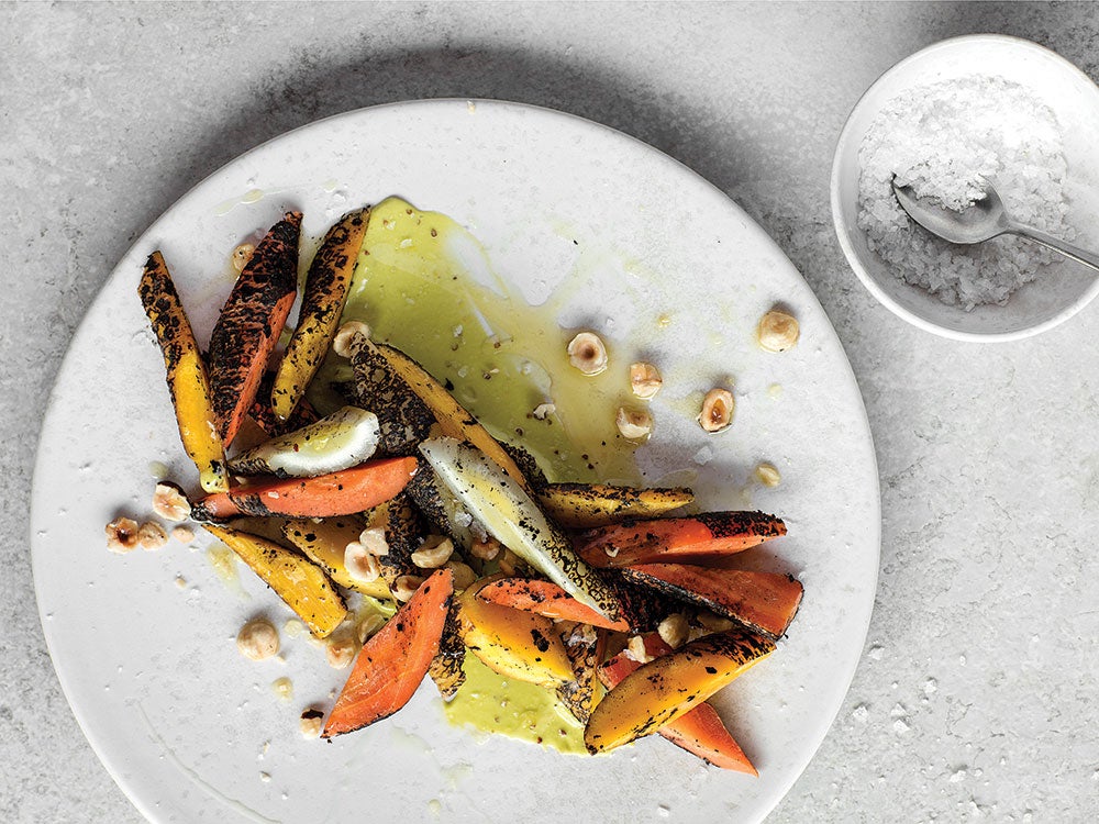 Charred Carrots with Lovage Sauce and Hazelnuts 