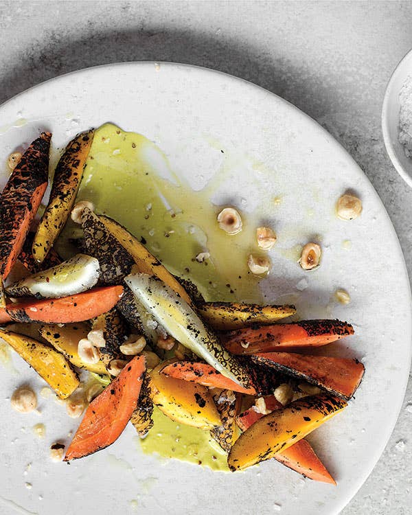 Charred Carrots with Lovage Sauce and Hazelnuts 