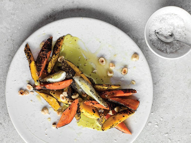 Charred Carrots with Lovage Sauce and Hazelnuts