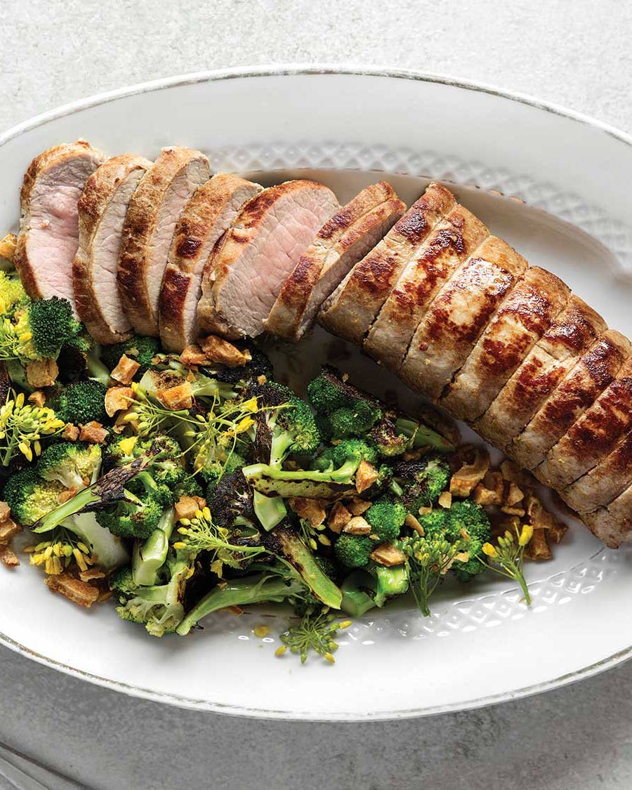 Pork Fillet with Seared Broccoli and Cracklings