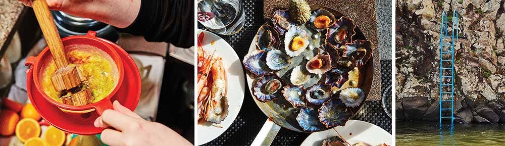 **From Left to Right:** Poncha, a local spiked punch, is made with fresh lemons and oranges; limpets, or sea snails, are a classic dish on Madeira; a ladder descends into a natural pool at the mouth o