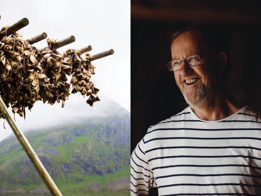 Left: Dozens of cod heads are strung up in bunches to dry on racks near the ocean. Most of these are exported to Nigeria, while many of the bodies, once dried, go to Italy. | Right: Steinar Larsen, the owner of the Lofoten Stockfish Museum in Å, near the southern tip of the archipelago.