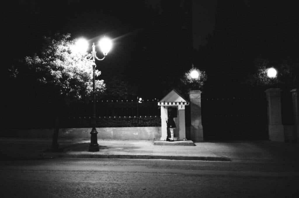 If you walk through the Zappeio or around the parliament building at night, you'll find these guards still standing at their posts, watching out over an empty street.