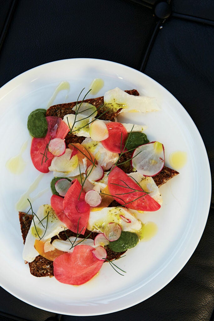 Open Faced Rye, Poached Red Snapper, Pickled Radish, and Salsa Verde Sandwich, Tasmania