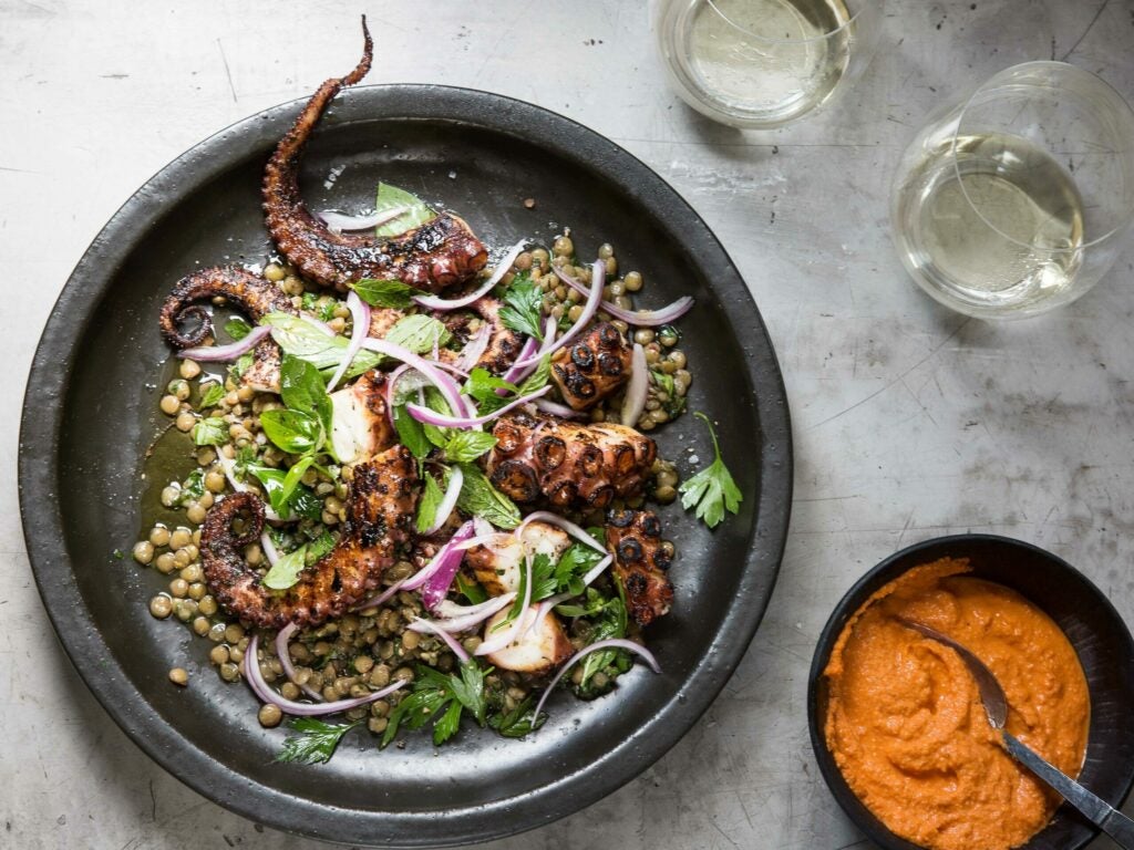 GRILLED OCTOPUS WITH GREEN LENTILS AND ROMESCO