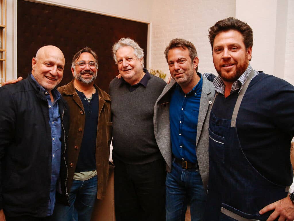 Chef Tom Colicchio, Chef Marco Canora, Chef Jonathan Waxman, Editor-in-Chief Adam Sachs, and Chef Scott Conant pose for a photo at the opening of Fusco.