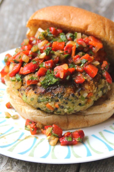 Quinoa Veggie Burger with Roasted Red Pepper Relish