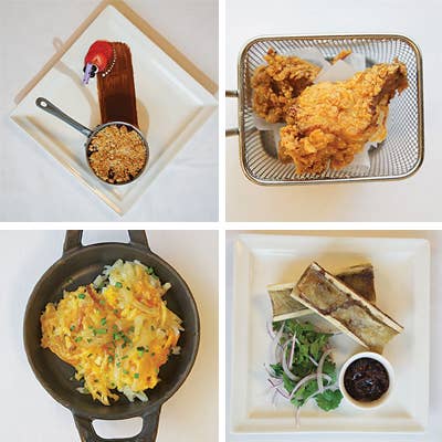 Wild berry cobbler; fried chicken; bone marrow with red onion marmalade and parsley-onion salad; hash browns with cheddar cheese and caramelized onions