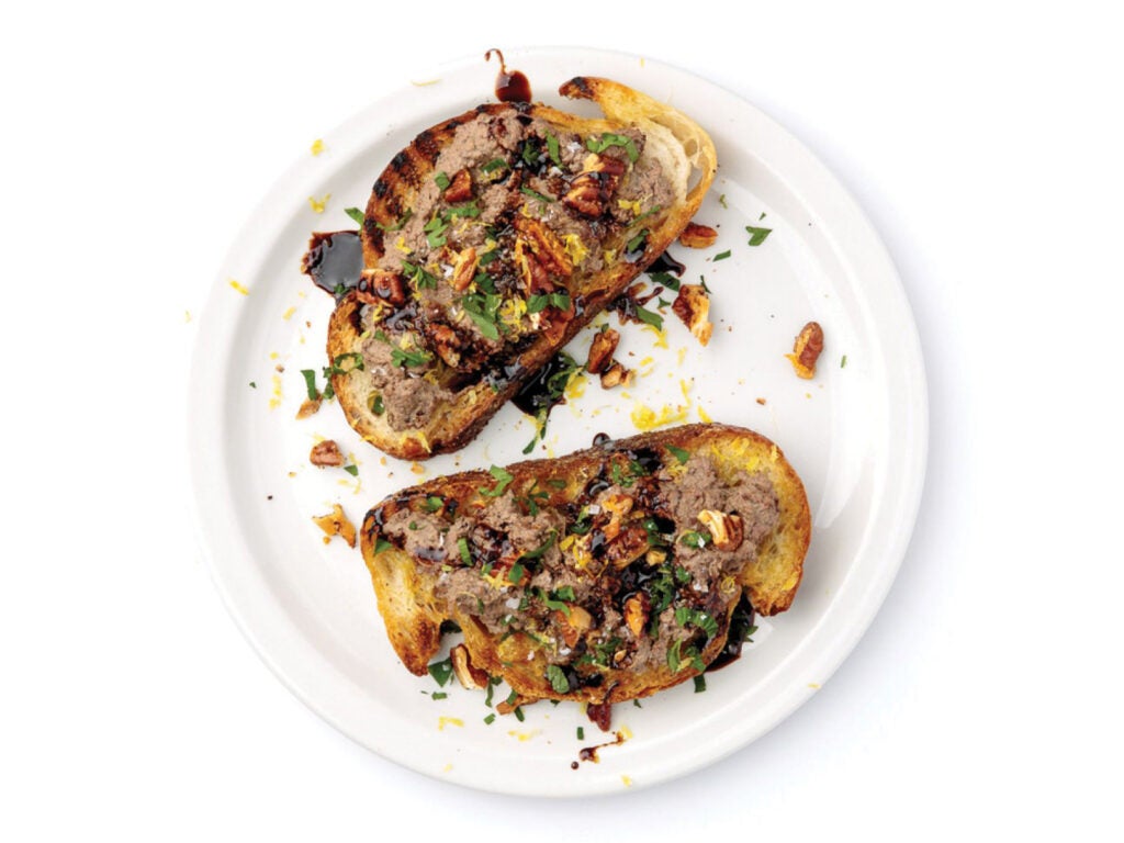 Chicken Liver Toast with Spicy Nuts
