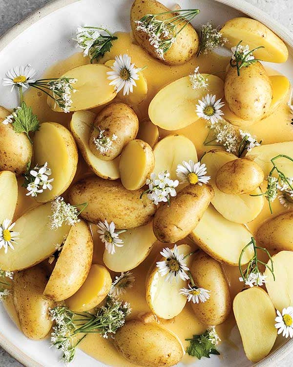 Chamomile-Pickled  New Potatoes with Beurre Blanc and Flowers