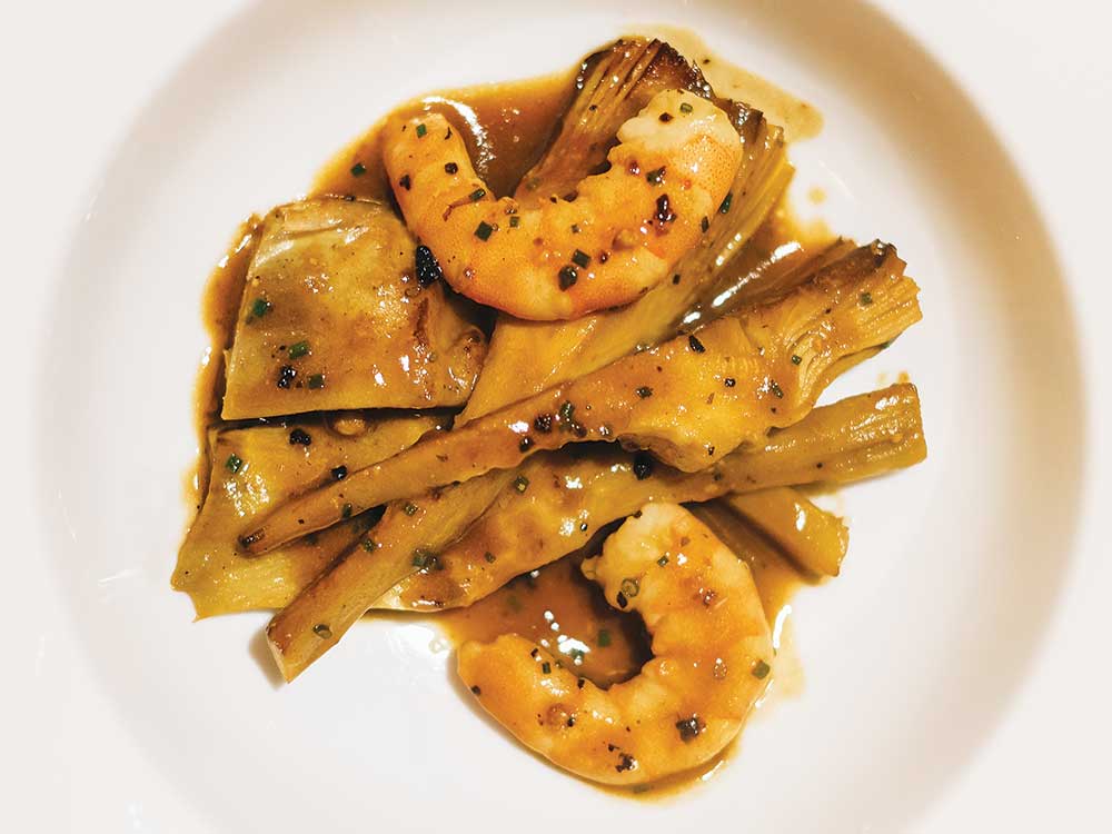 Marinated Artichokes with Prawns and Fino Sherry (Alcachofas Salteadas con Langostinos y Fino)