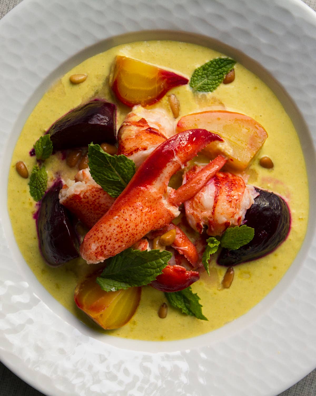 Butter-Poached Lobster with Asparagus-Saffron Cream and Roasted Beets