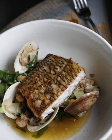 Black Bass with Chickpeas, Clams, and Chorizo