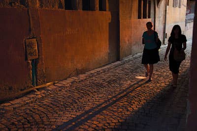 Tourists on a street in Sighişoara